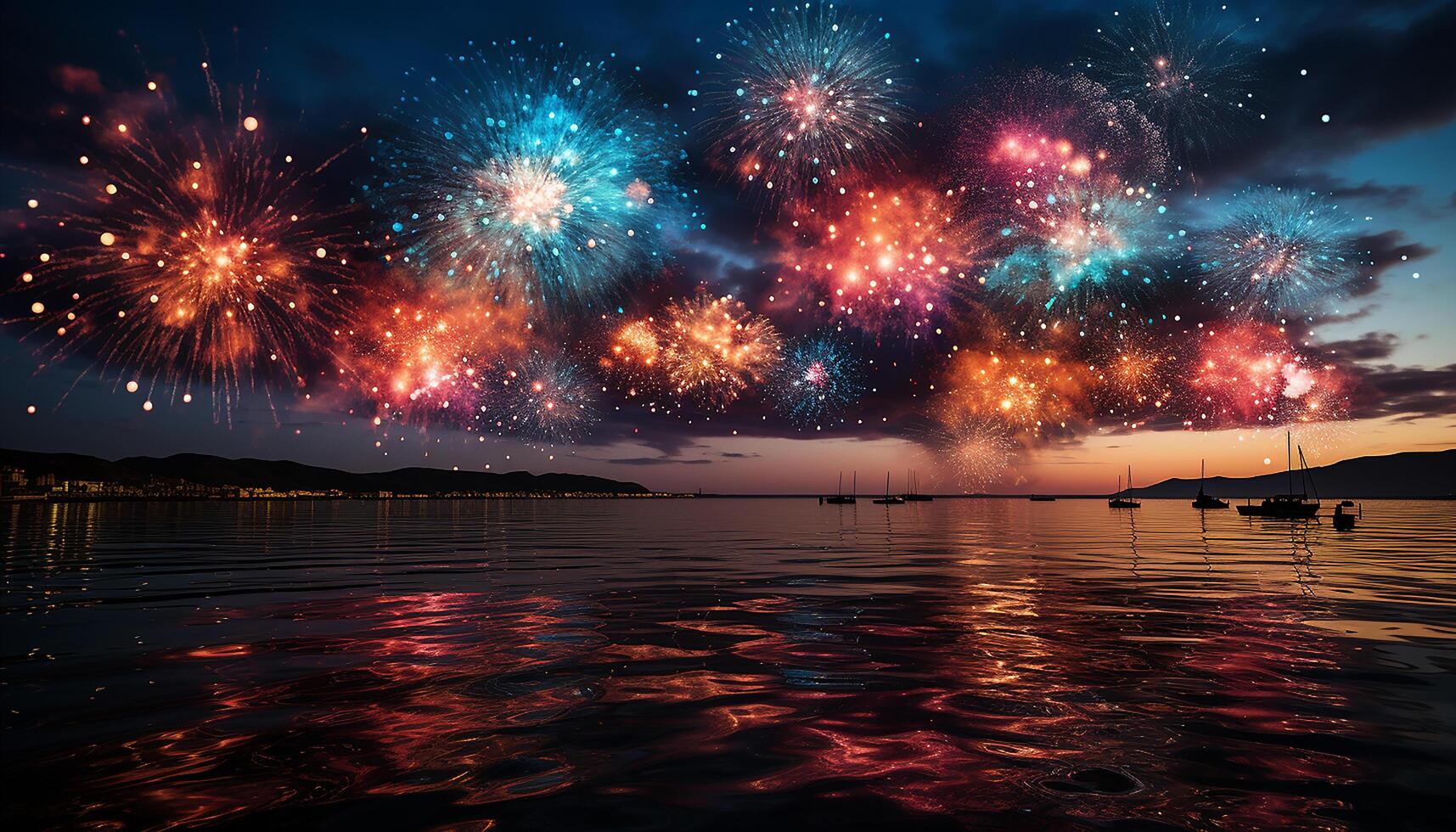 ai gerado fogos de artifício explodir dentro a noite céu, iluminador a vibrante panorama gerado de ai foto