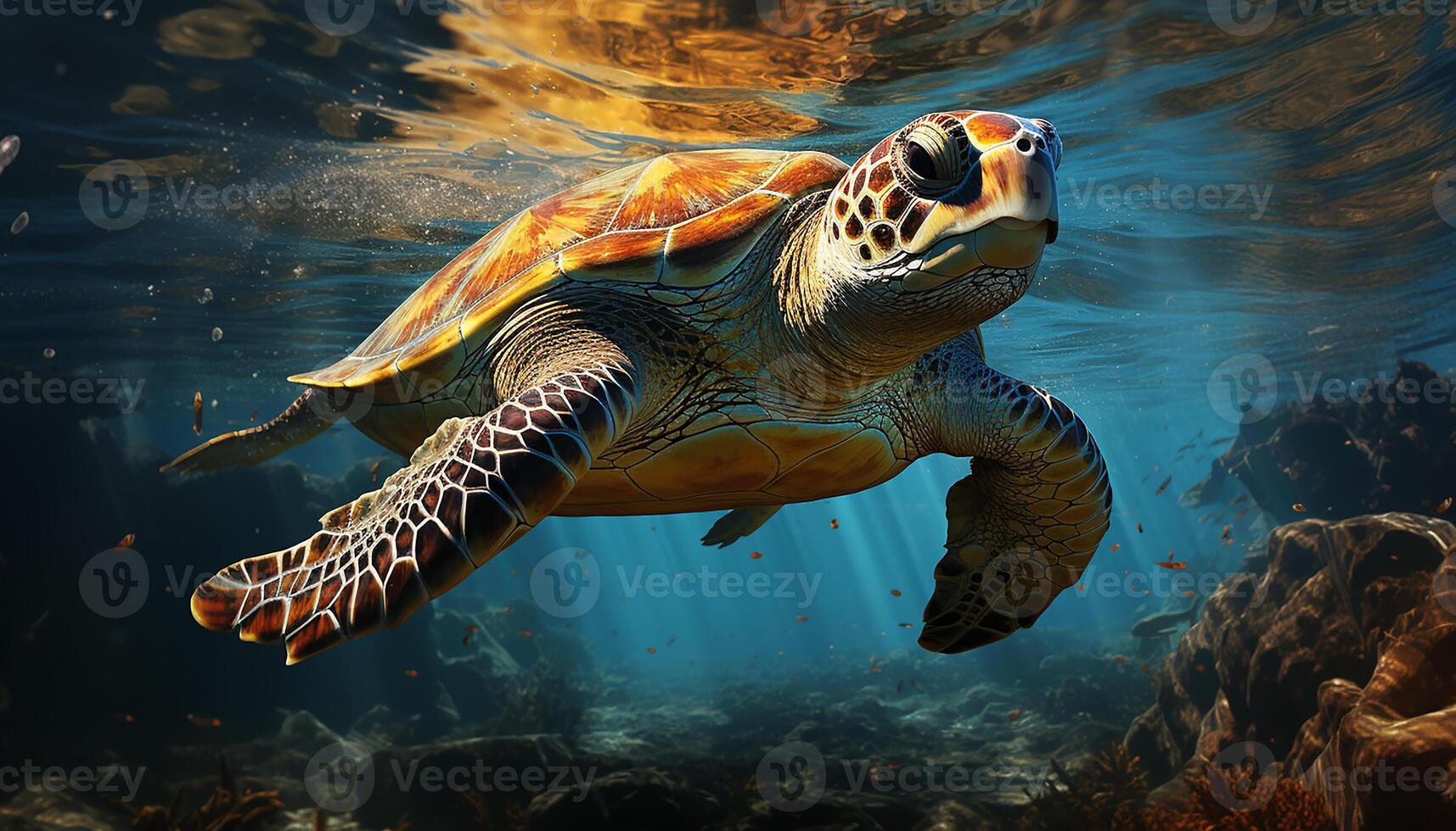 ai gerado uma fofa mar tartaruga natação dentro a azul embaixo da agua gerado de ai foto