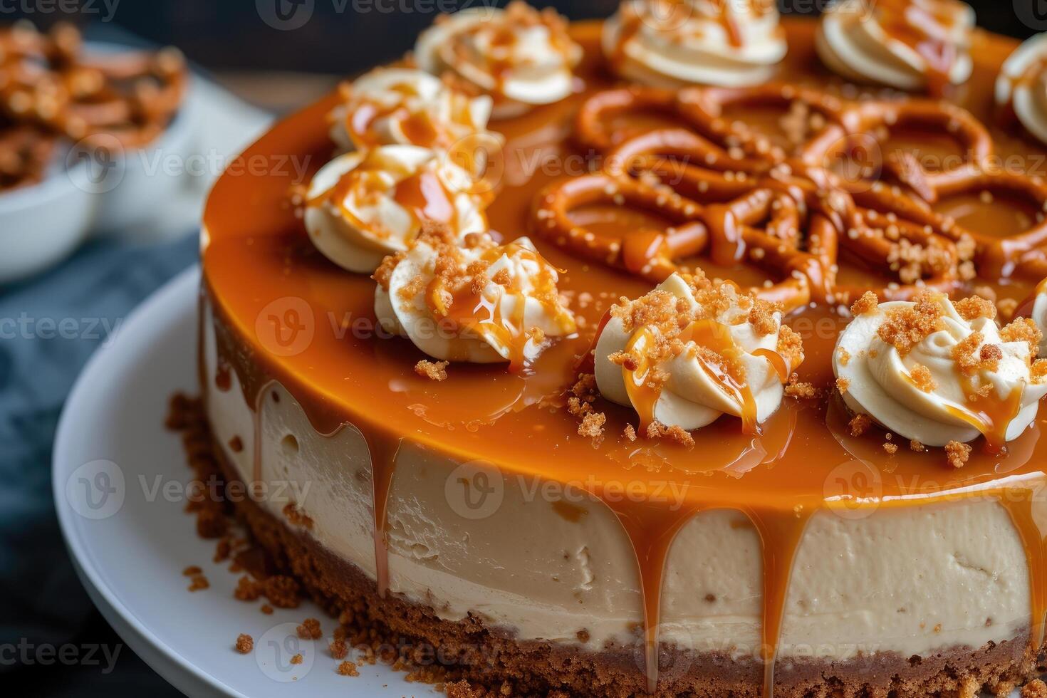 ai gerado salgado doce sinfonia, deliciando dentro salgado caramelo pretzel bolo de queijo. generativo ai foto