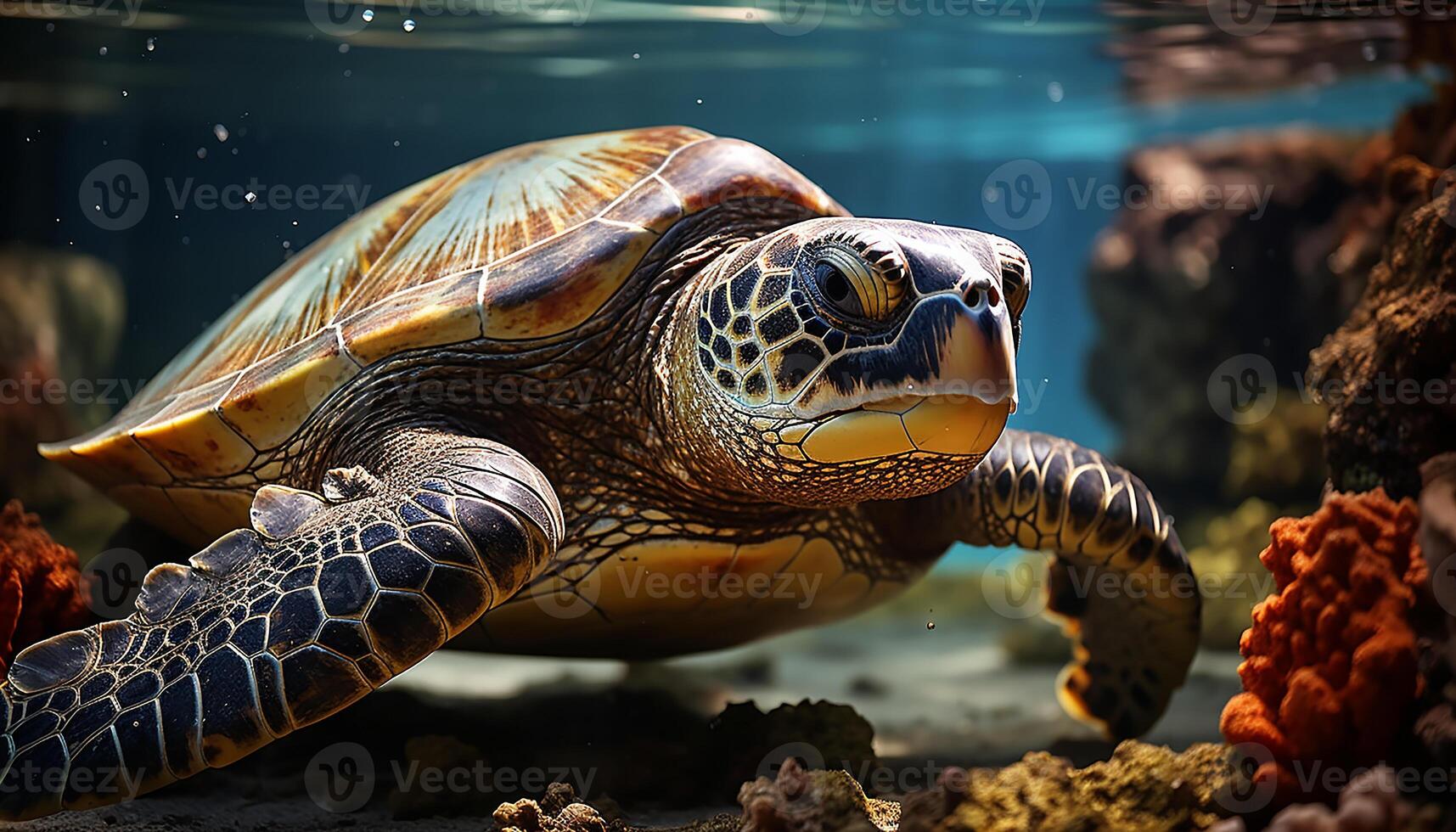 ai gerado uma lindo tartaruga natação dentro a azul embaixo da agua recife gerado de ai foto