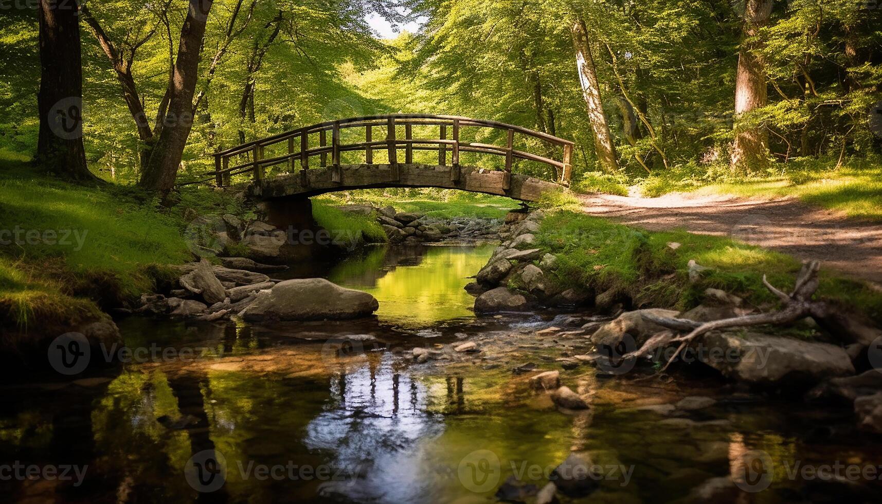 ai gerado tranquilo cena natureza beleza refletido dentro a fluindo água gerado de ai foto