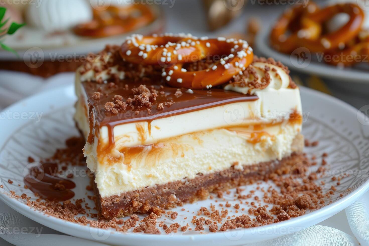 ai gerado salgado doce sinfonia, deliciando dentro salgado caramelo pretzel bolo de queijo. generativo ai foto