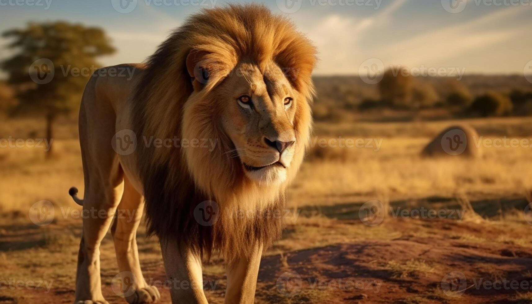 ai gerado majestoso leão anda em dentro a africano savana às pôr do sol gerado de ai foto