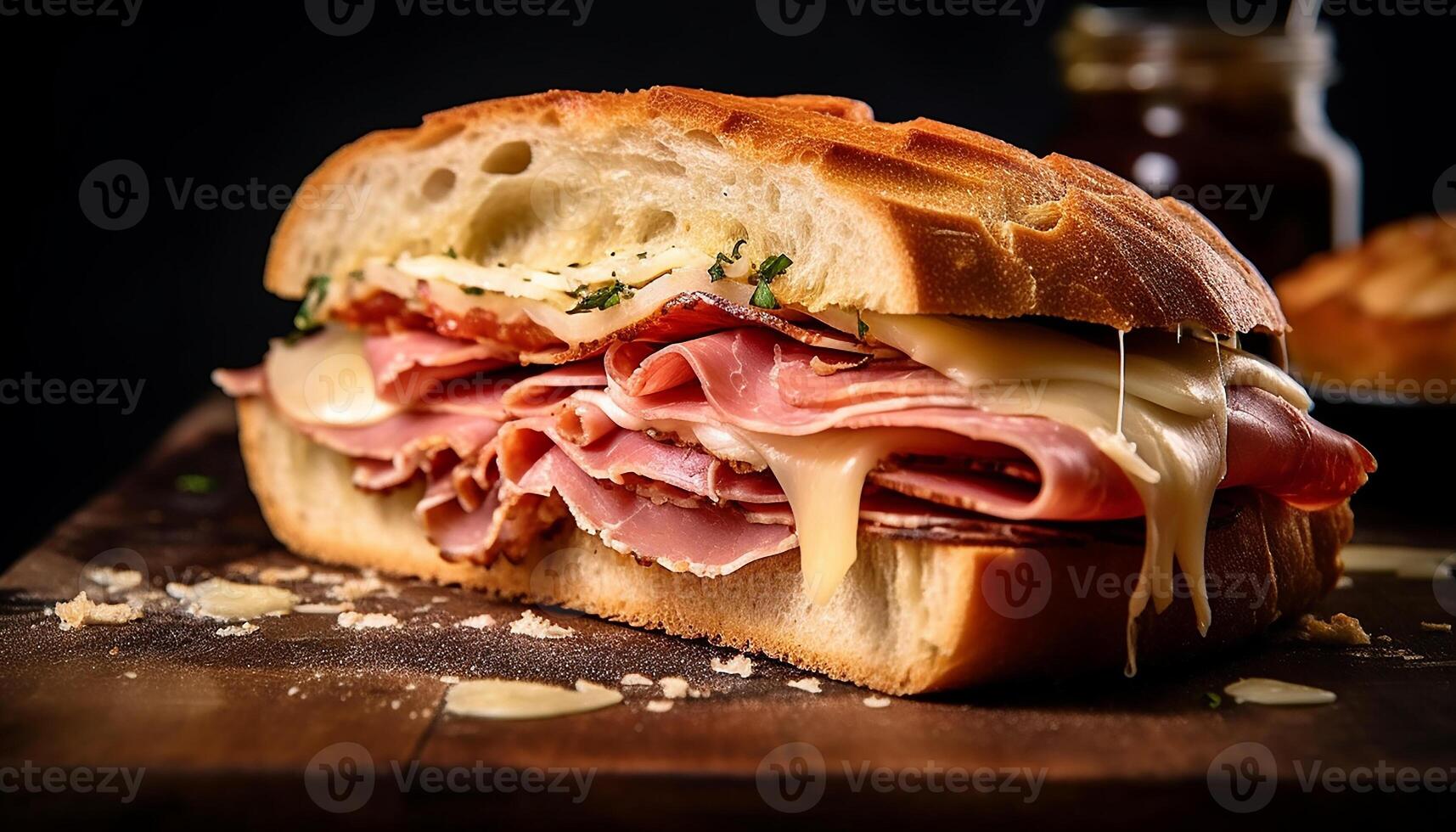 ai gerado frescor e gourmet dentro uma grelhado carne de porco sanduíche em ciabatta gerado de ai foto