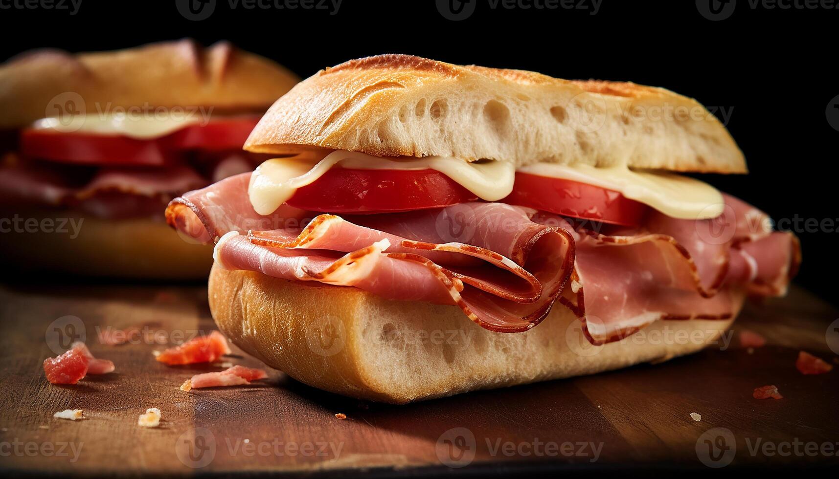 ai gerado grelhado carne de porco sanduíche em ciabatta, fresco tomate, prosciutto, e queijo cheddar gerado de ai foto