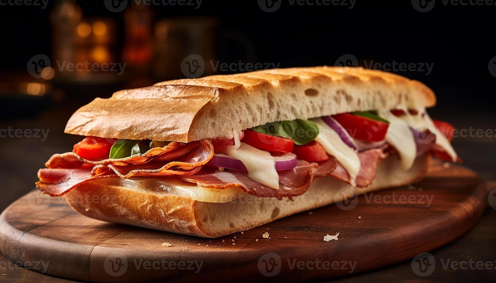 ai gerado grelhado carne de porco sanduíche em ciabatta, com tomate e prosciutto gerado de ai foto