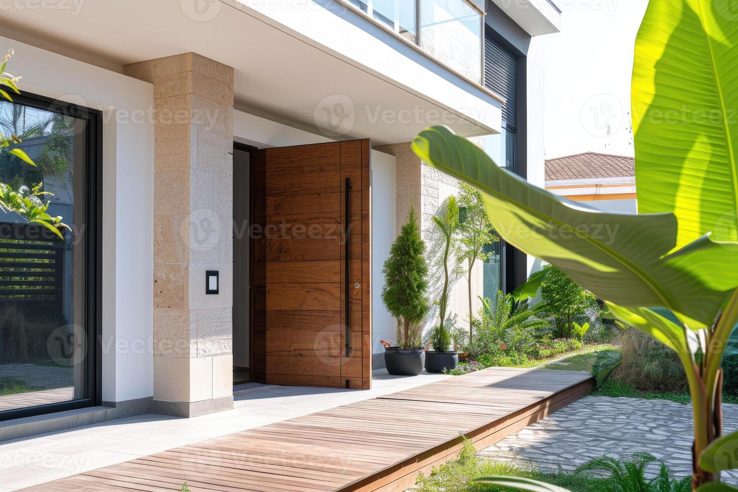 ai gerado Novo casa com de madeira porta e esvaziar branco muro. ampla pátio dentro moderno lar. generativo ai foto