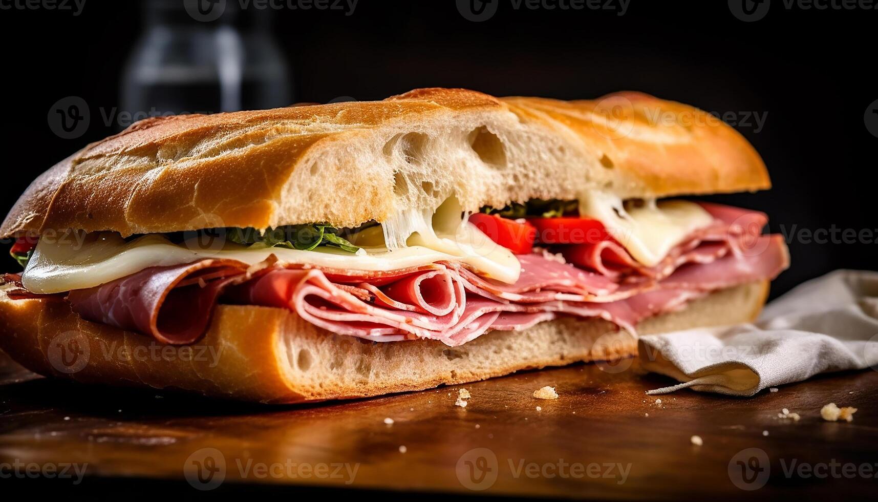 ai gerado frescor e gourmet dentro uma fechar acima do uma grelhado carne de porco sanduíche gerado de ai foto