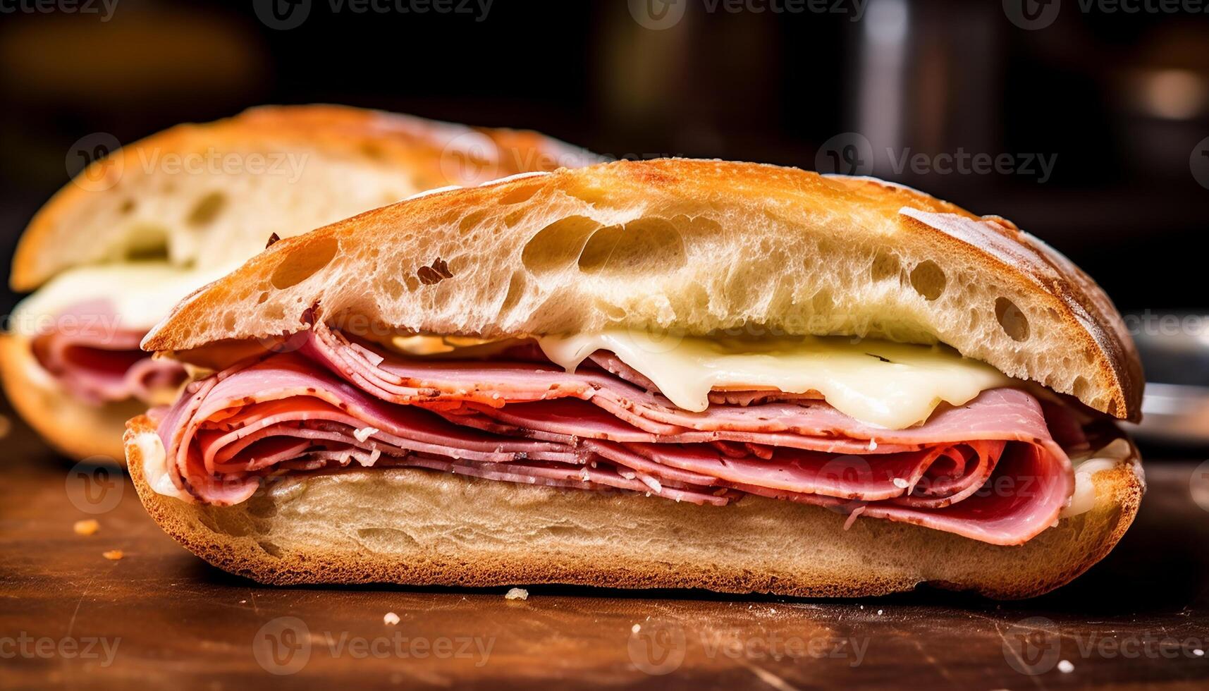 ai gerado frescor e gourmet dentro uma fechar acima do uma grelhado carne de porco sanduíche gerado de ai foto