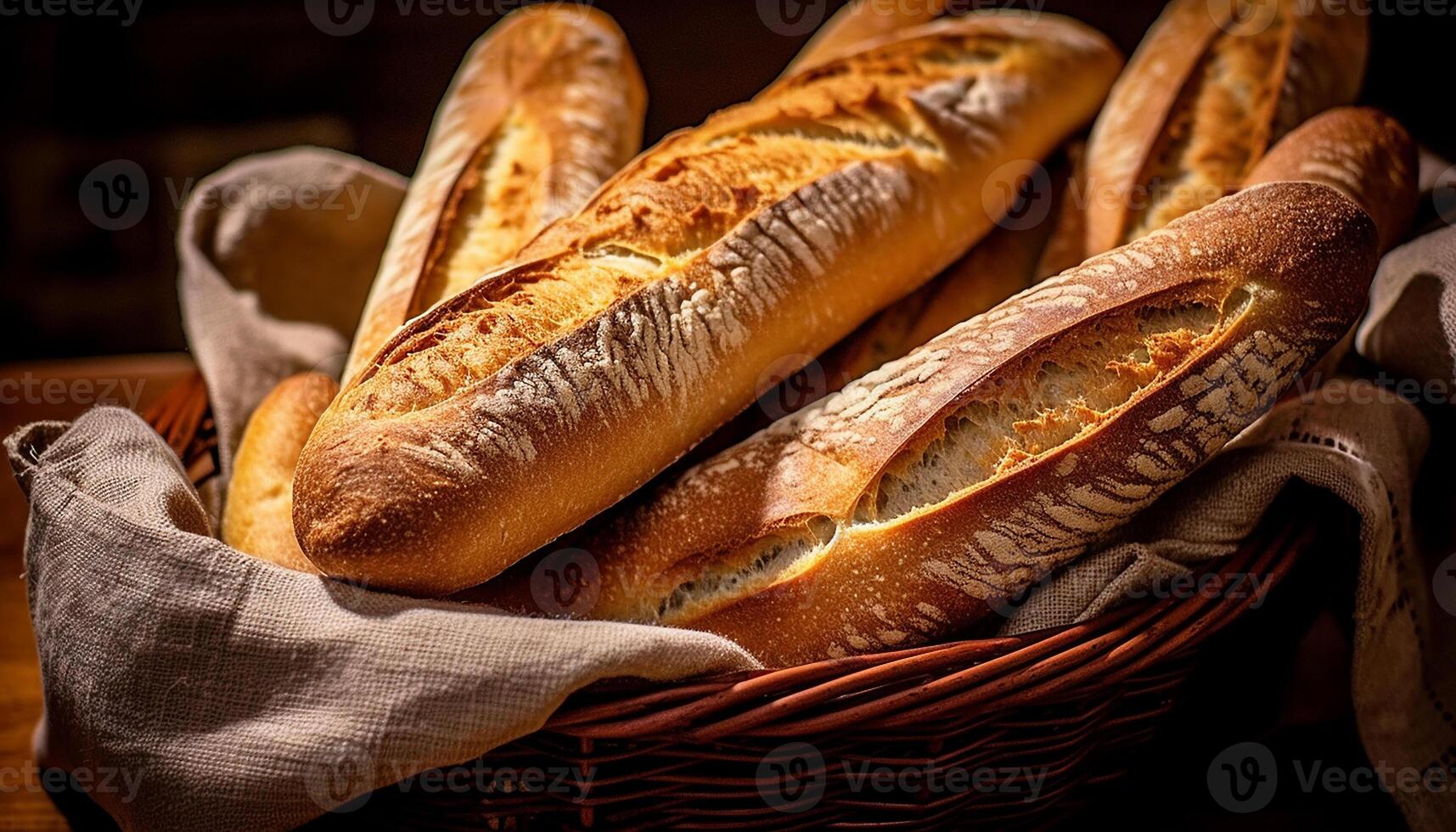 ai gerado recentemente cozido baguete em rústico de madeira mesa, perfeito para almoço gerado de ai foto