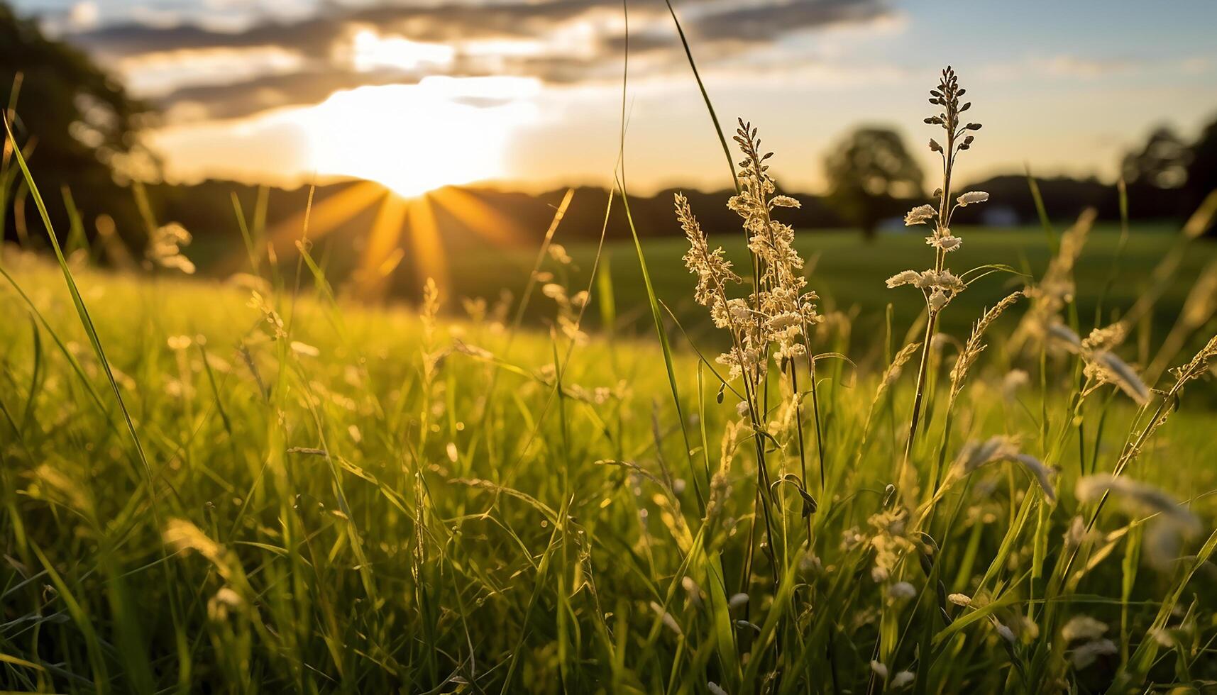 ai gerado pôr do sol sobre Prado, vibrante flores flor dentro natureza tranquilo beleza gerado de ai foto