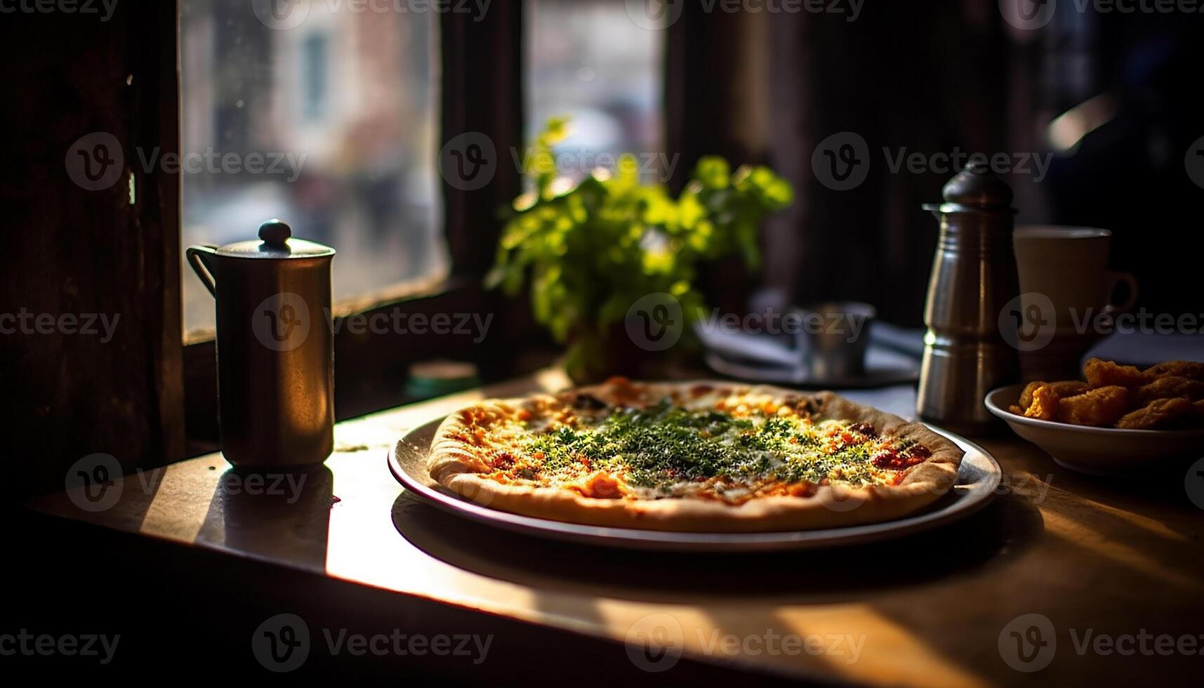 ai gerado recentemente cozido pizza em de madeira mesa, uma gourmet almoço dentro de casa gerado de ai foto