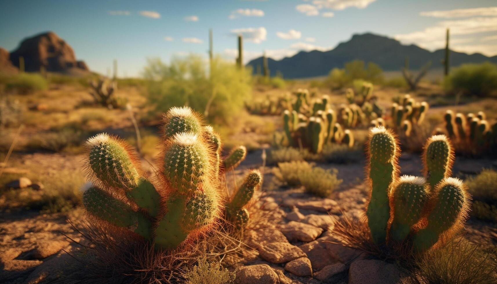 ai gerado pôr do sol sobre árido montanhas, suculento plantas prosperar gerado de ai foto