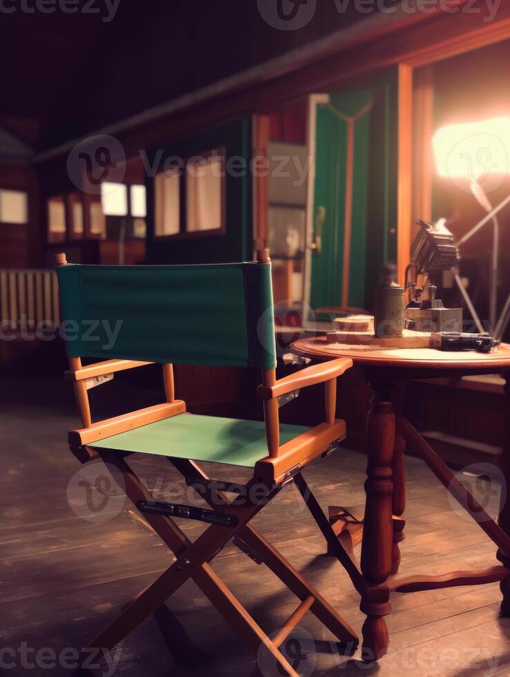 ai gerado vintage diretor cadeira e mesa dentro a filme estúdio foto