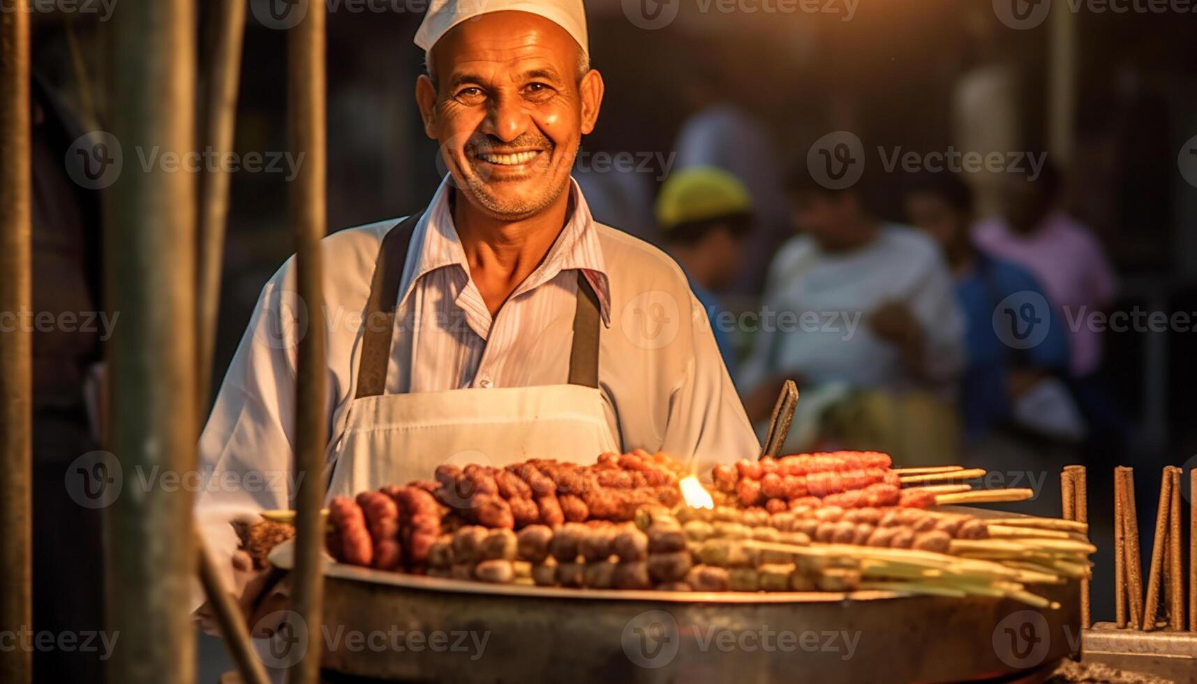 ai gerado sorridente chefe de cozinha grelha carne ao ar livre, vendendo delicioso churrasco para clientes gerado de ai foto