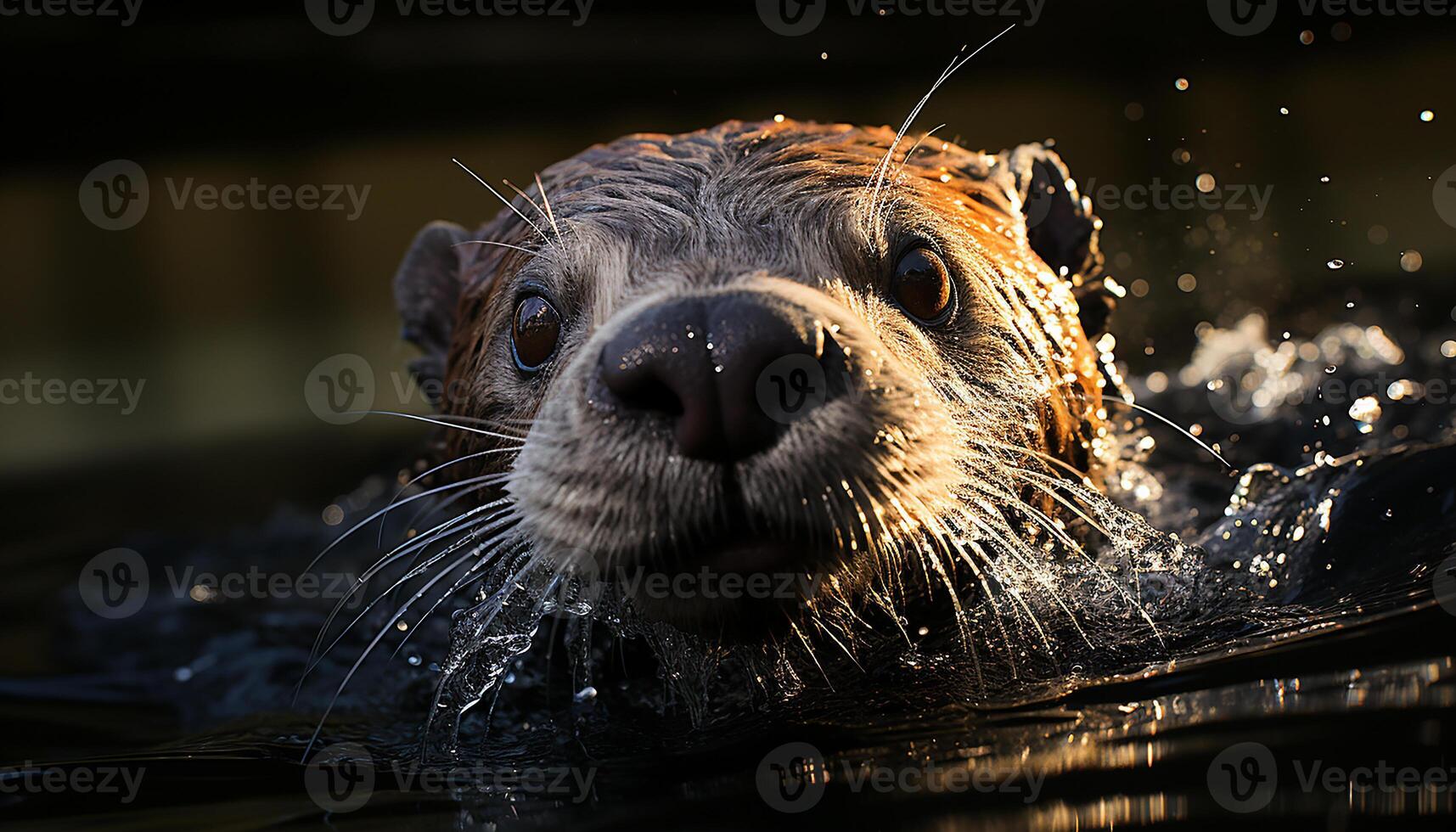 ai gerado fofa cachorro natação dentro lago, olhando às Câmera, brincalhão gerado de ai foto