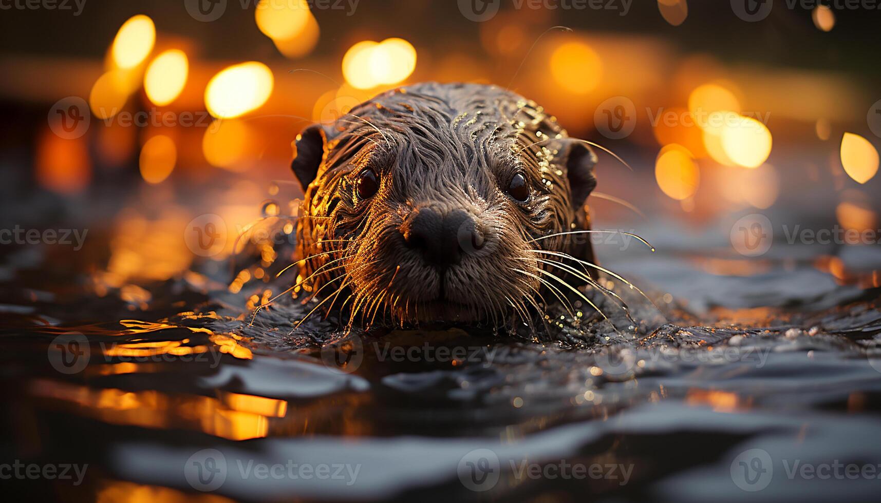 ai gerado fofa Castor natação dentro lago, olhando às Câmera, comendo gerado de ai foto