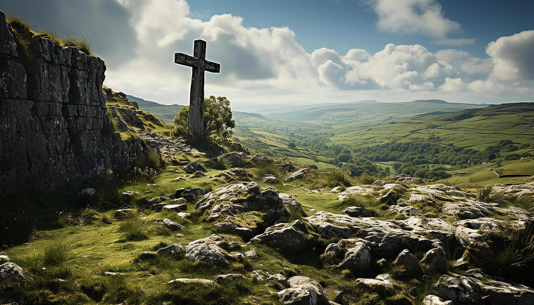 ai gerado cristandade espiritualidade dentro natureza montanha pico, cruzar, tranquilo cena gerado de ai foto