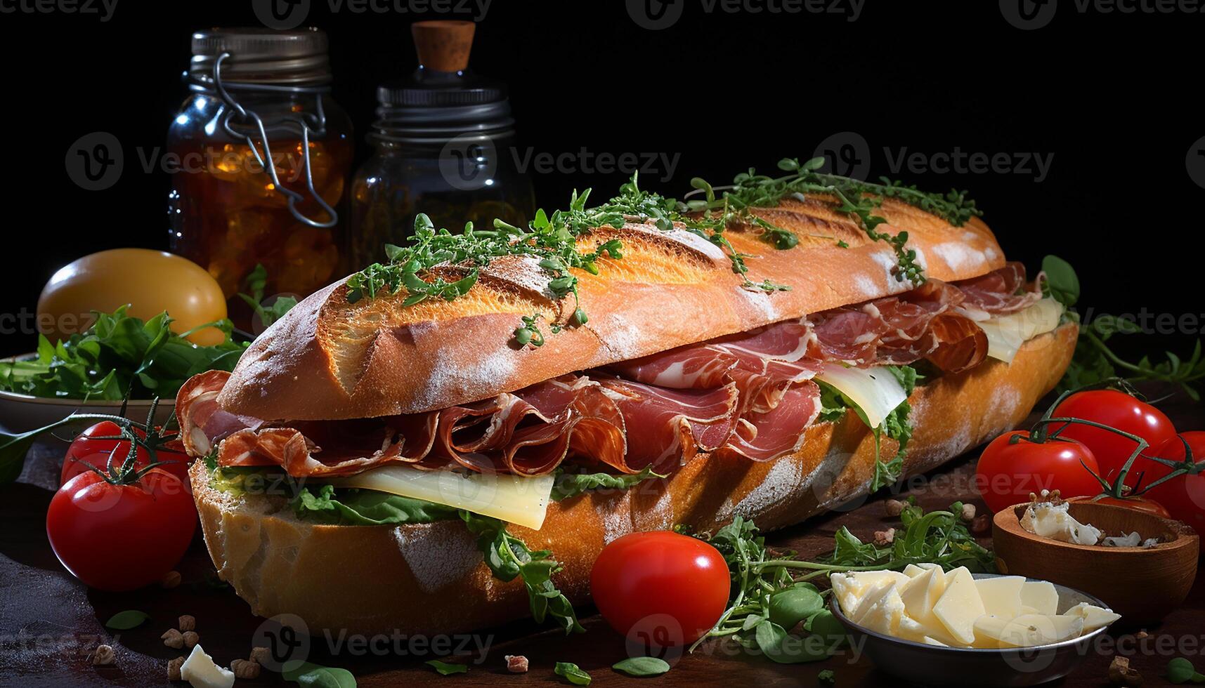 ai gerado frescor e gourmet dentro uma grelhado carne sanduíche em ciabatta gerado de ai foto