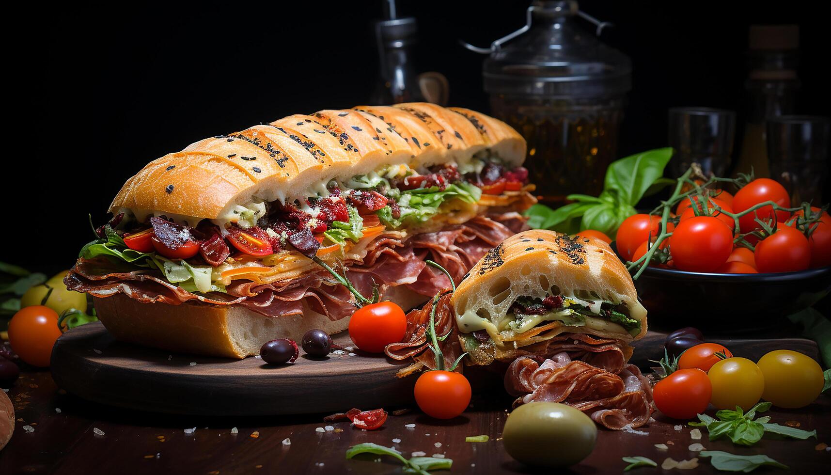 ai gerado frescor em uma prato grelhado carne, tomate, e ciabatta sanduíche gerado de ai foto