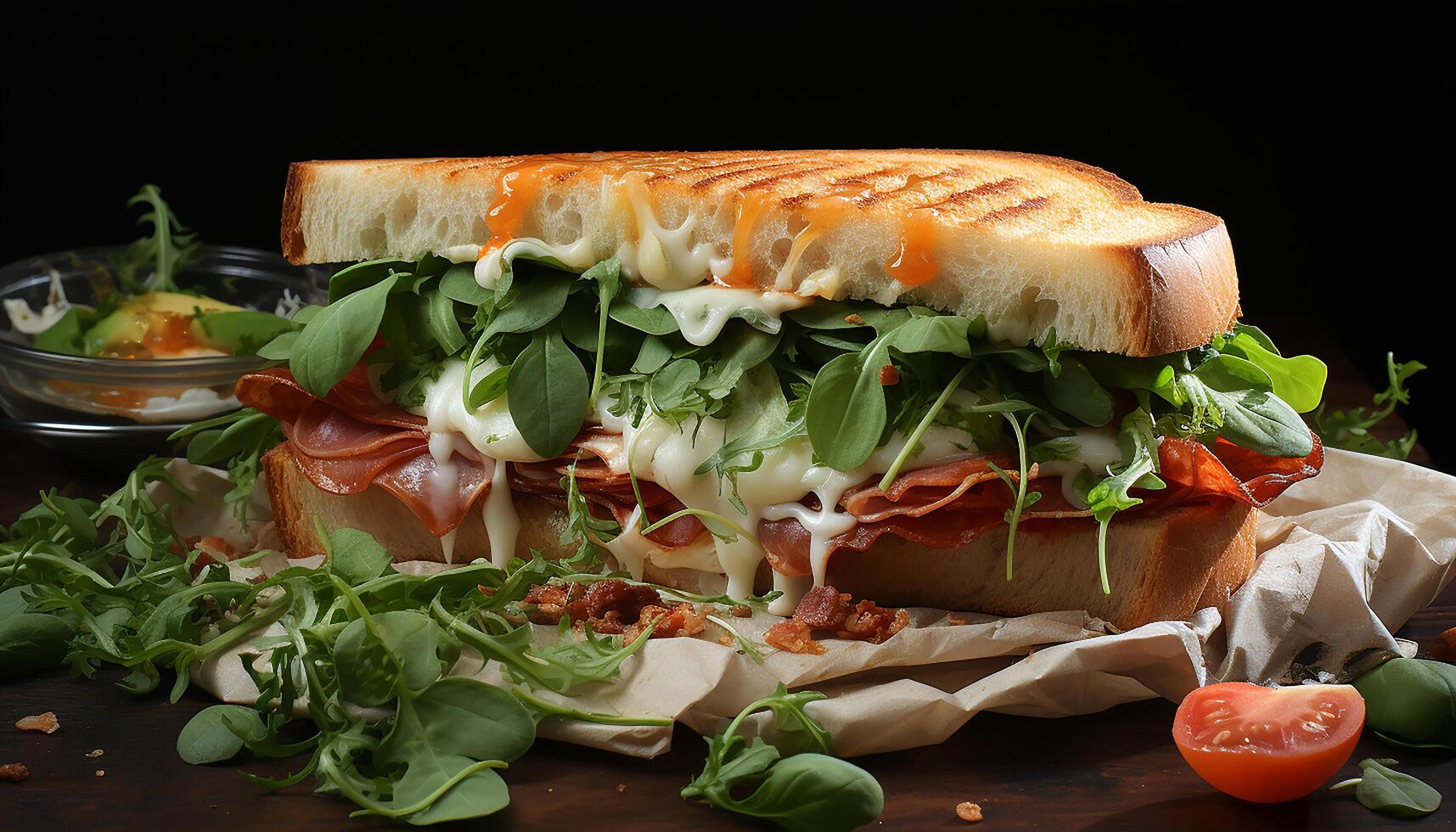 ai gerado frescor e gourmet dentro uma grelhado carne sanduíche em ciabatta gerado de ai foto