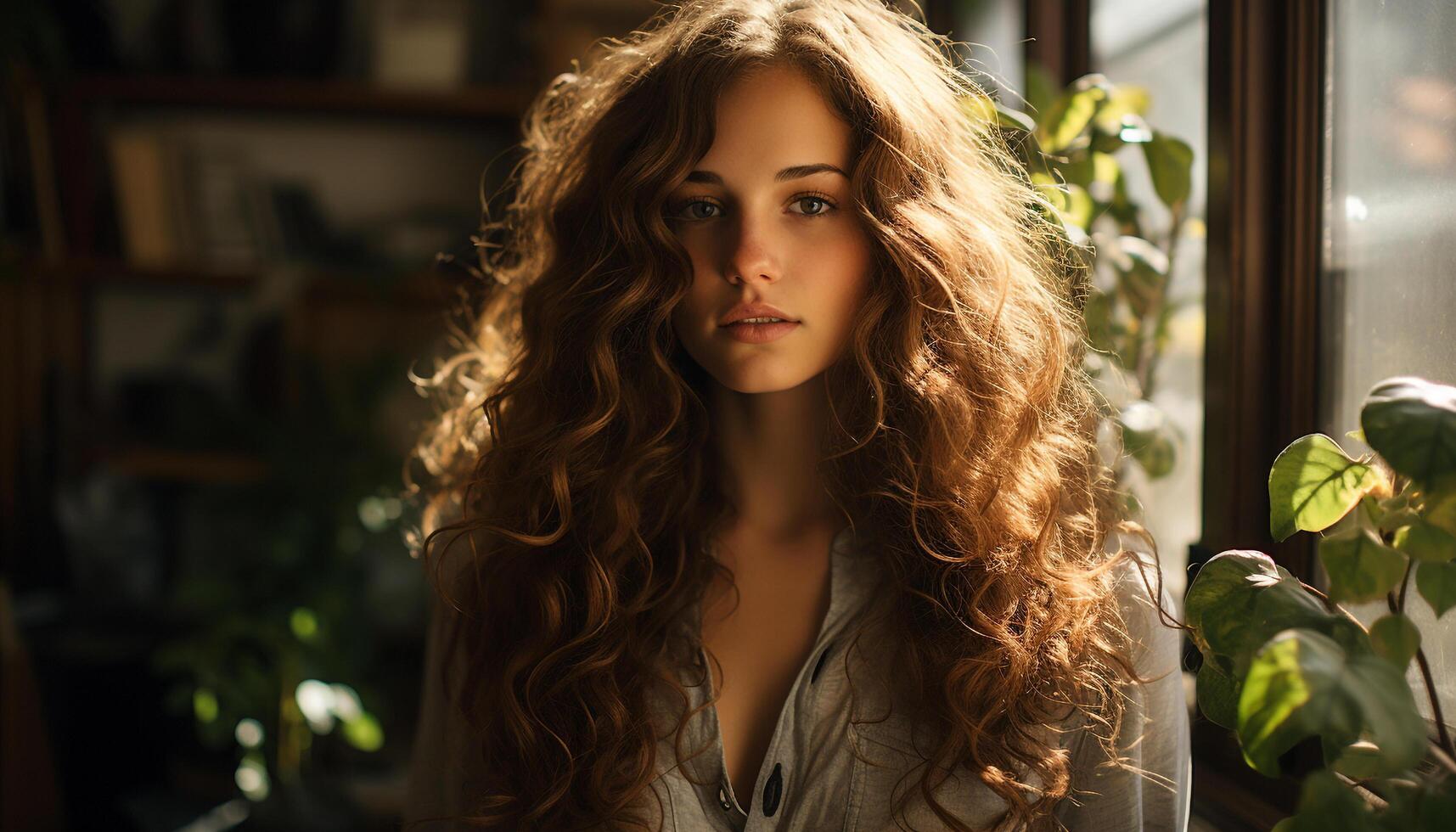 ai gerado lindo jovem mulher com grandes Castanho encaracolado cabelo, olhando às Câmera gerado de ai foto