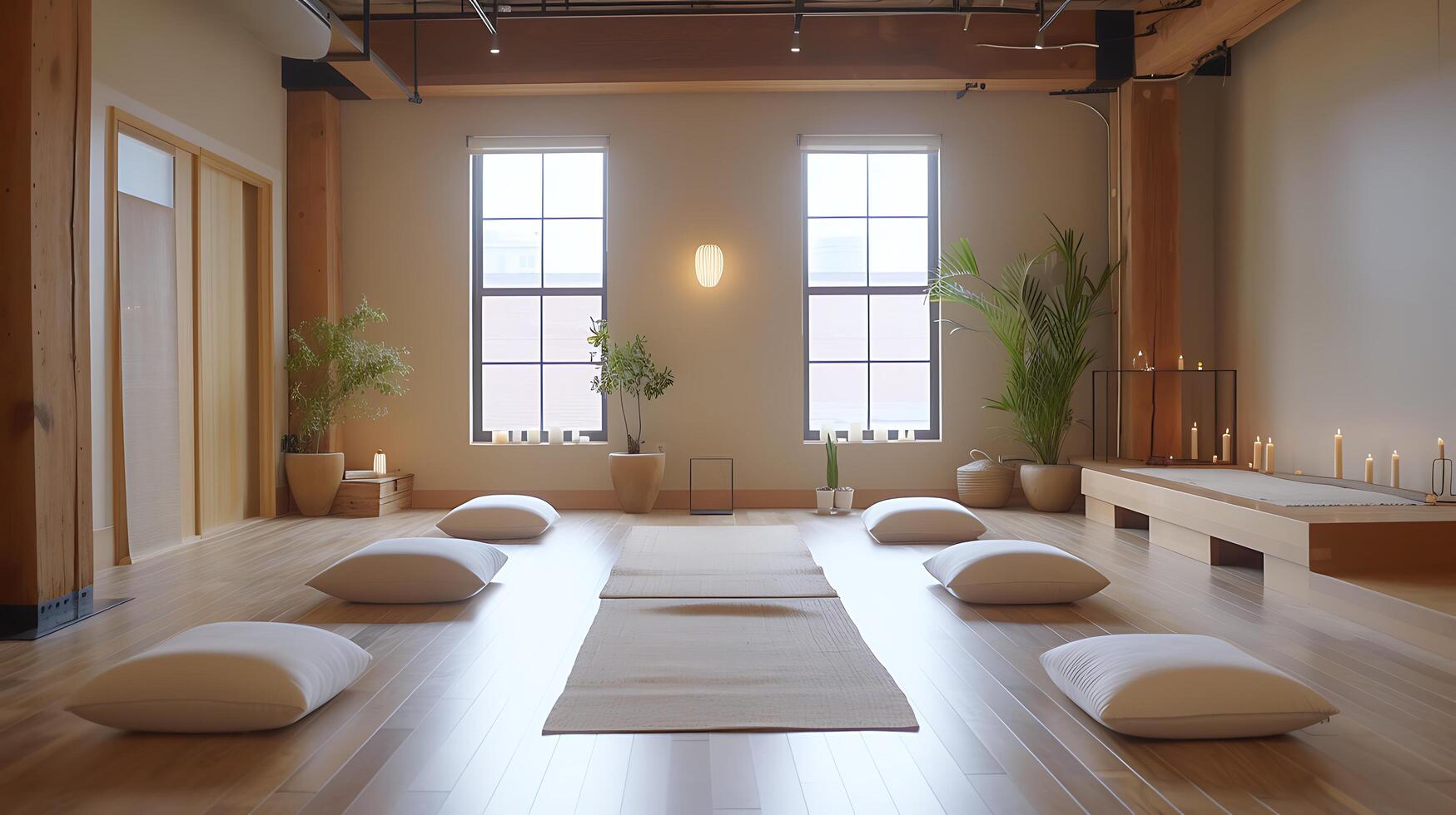 ai gerado tranquilo ioga estúdio sereno retiro com calmante música incenso e fluido praticantes foto