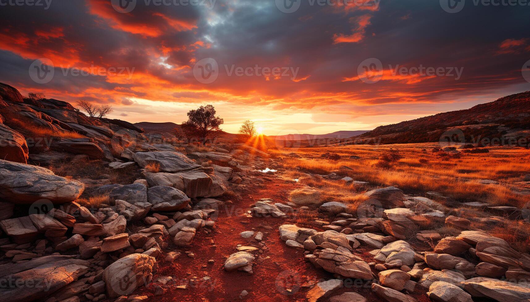 ai gerado majestoso montanha pico, pôr do sol céu, tranquilo água, outono floresta gerado de ai foto