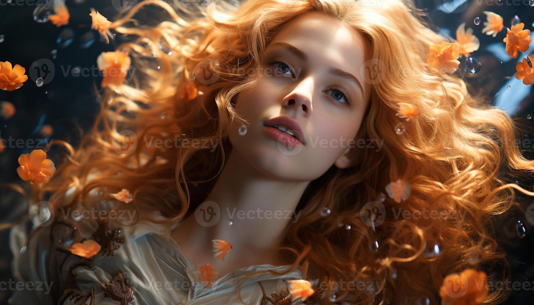ai gerado jovem adulto mulher com encaracolado loiro cabelo desfrutando natureza ao ar livre gerado de ai foto