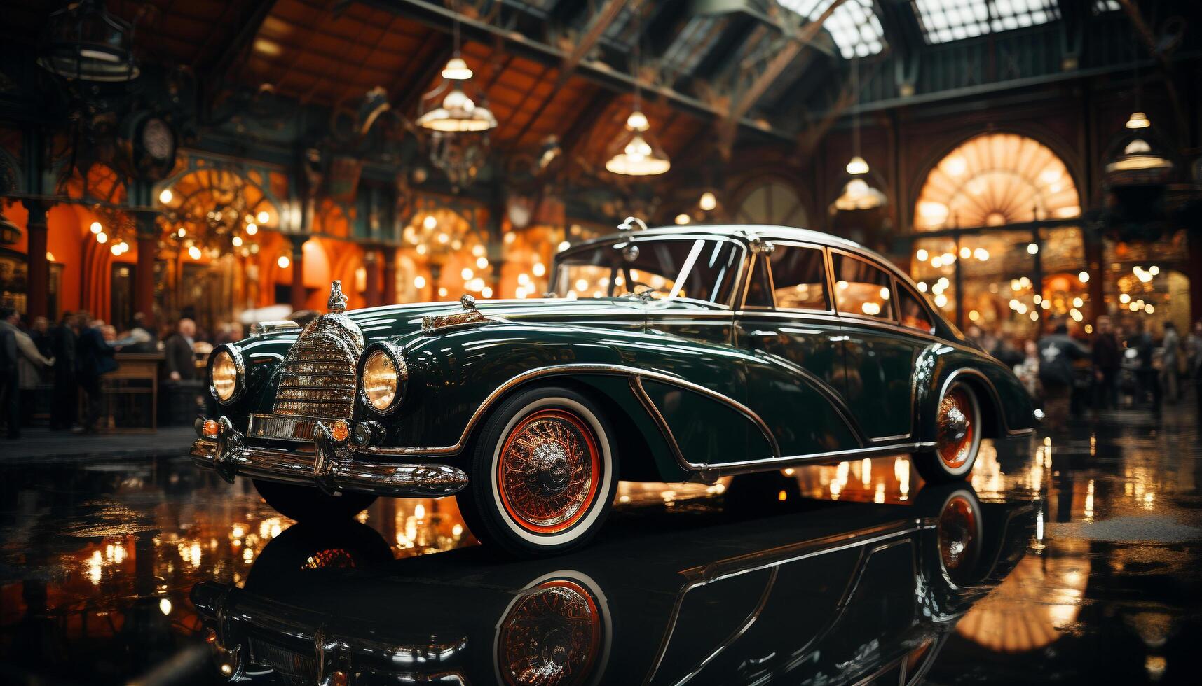 ai gerado velho formado vintage carro iluminado de Farol dentro a Sombrio cidade gerado de ai foto