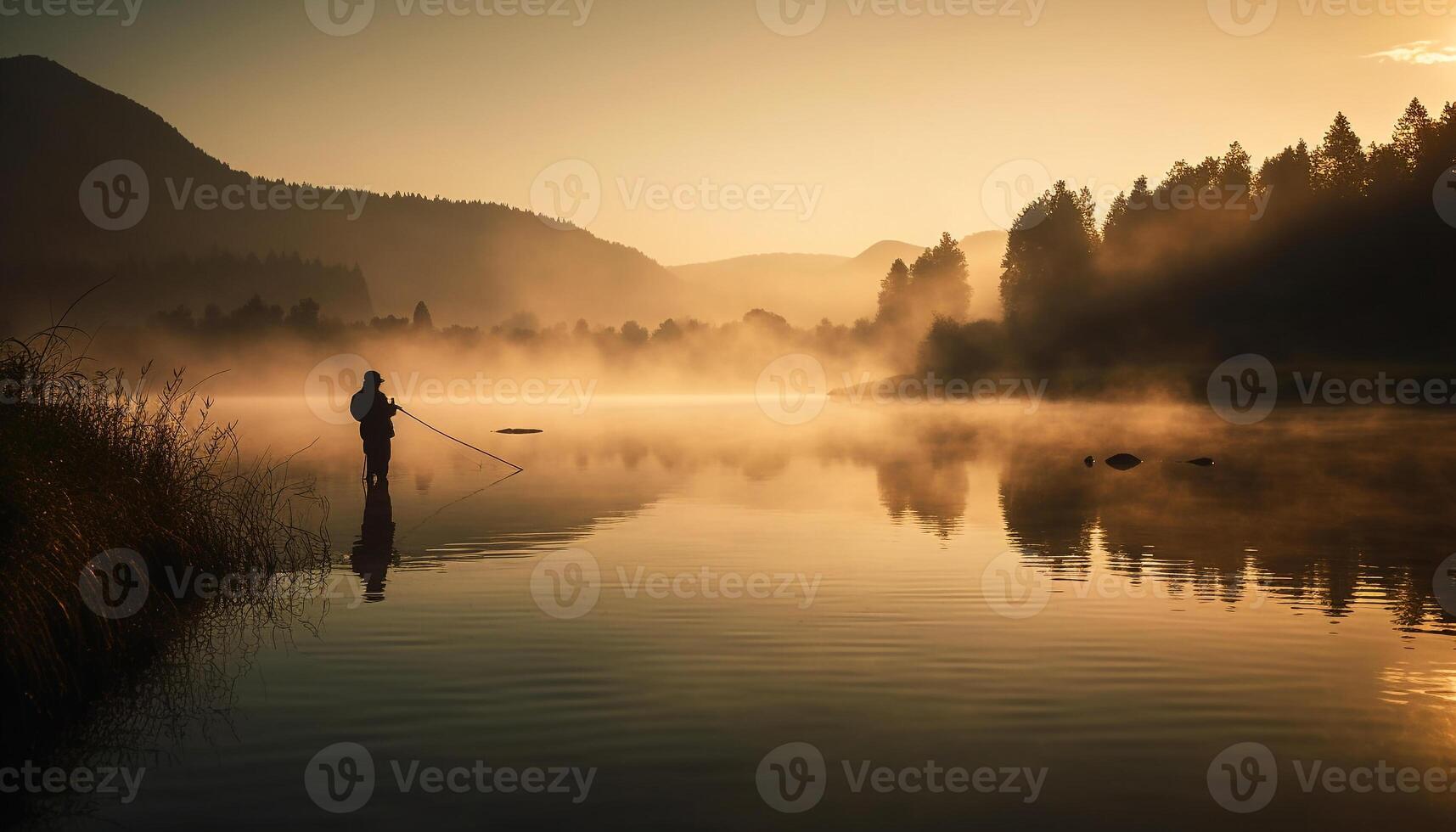 ai gerado 1 pessoa pescaria às alvorecer, tranquilo cena, beleza dentro natureza gerado de ai foto