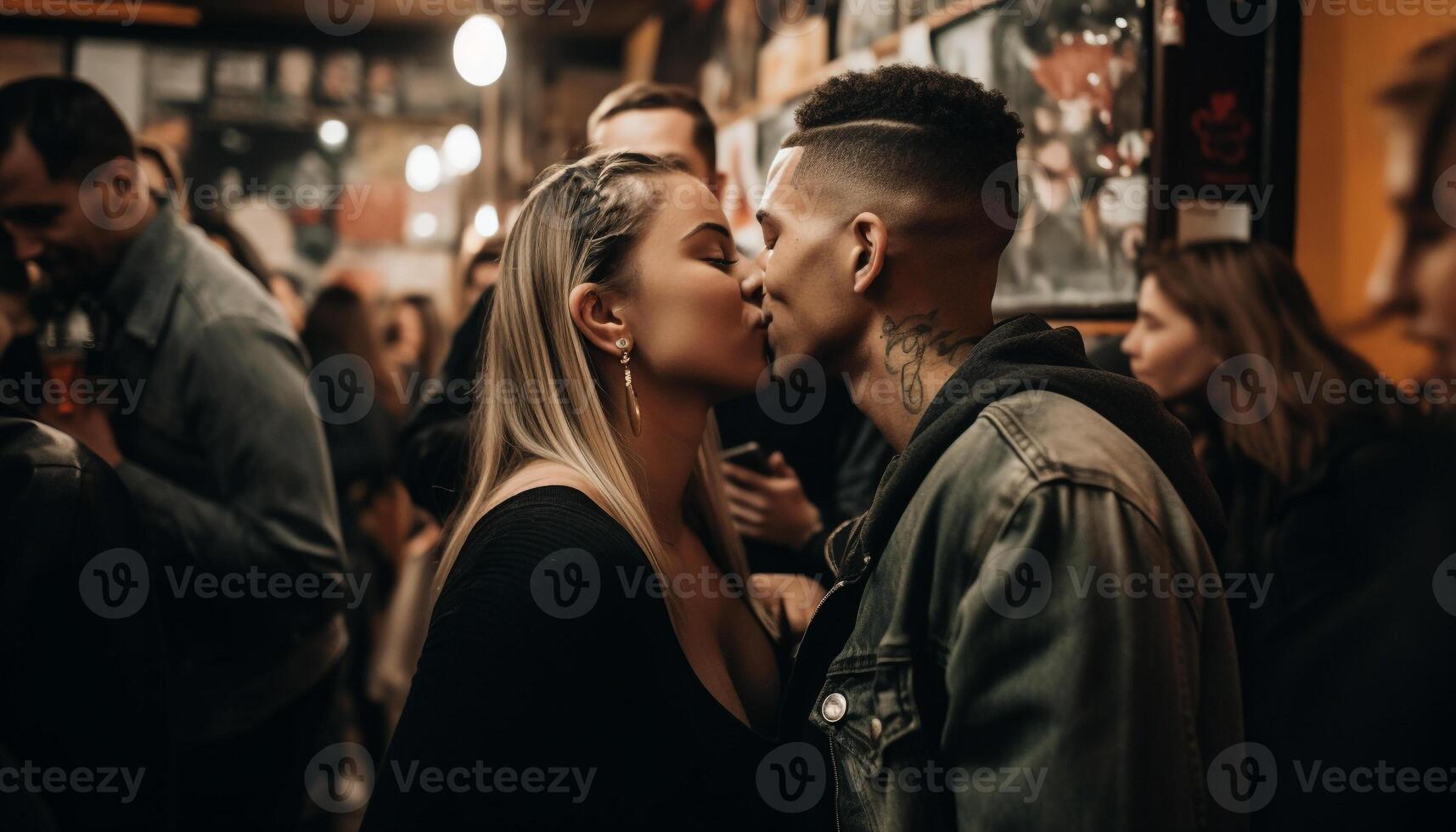 ai gerado jovem adultos abraçando, sorridente, desfrutando vida noturna, amor dentro a cidade gerado de ai foto