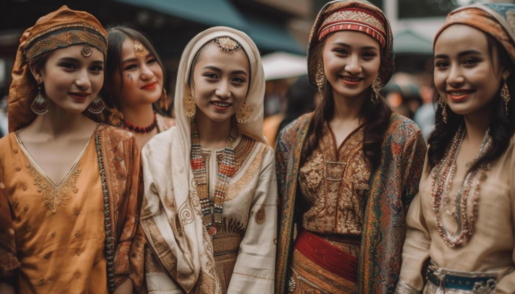 ai gerado grupo do jovem mulheres dentro tradicional roupas sorridente às Câmera gerado de ai foto
