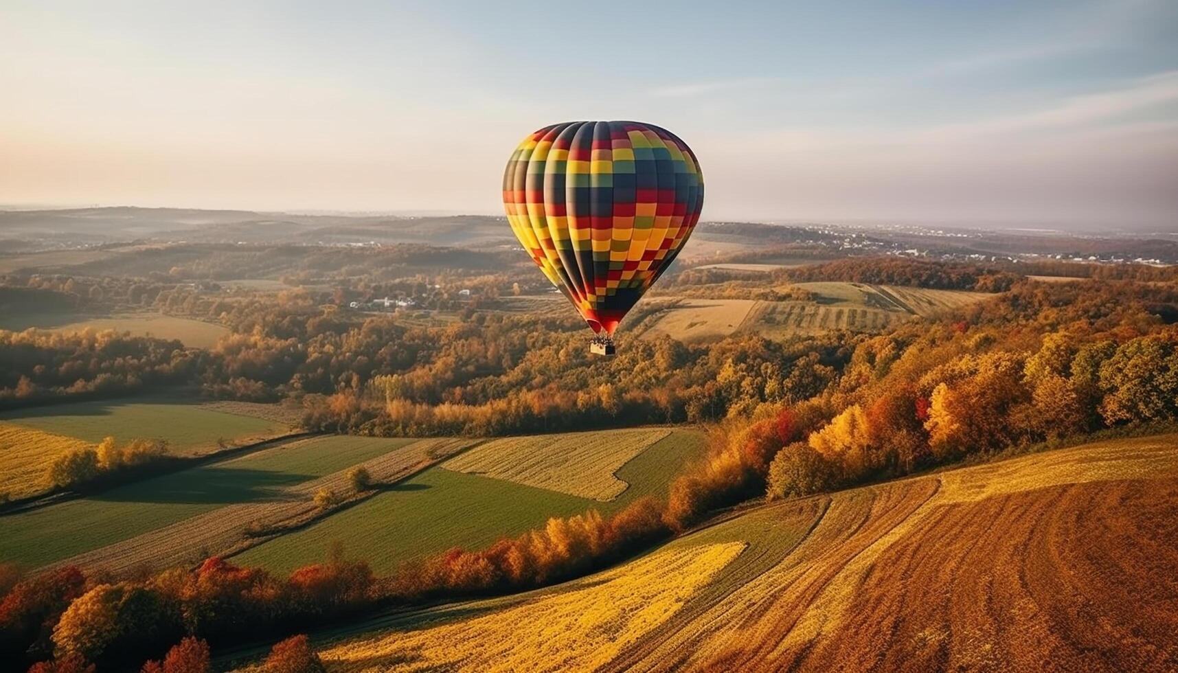 ai gerado quente ar balão vôo sobre montanha paisagem, uma emocionante aventura gerado de ai foto