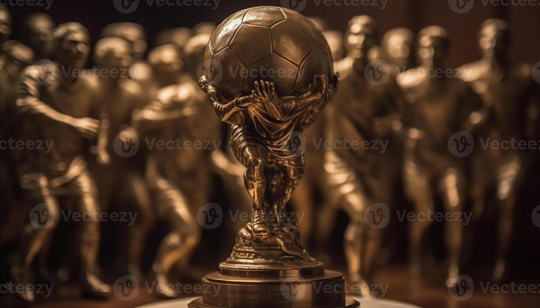 ai gerado homens triunfo dentro futebol concorrência, a comemorar sucesso com ouro troféu gerado de ai foto