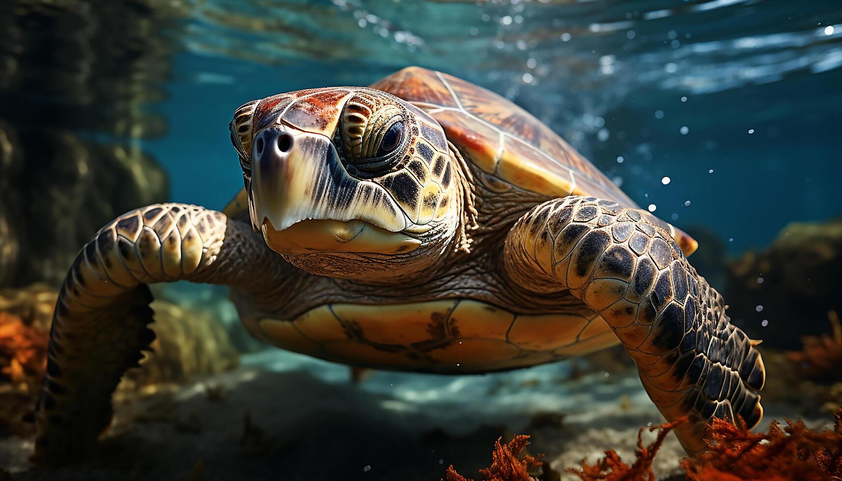 ai gerado tartaruga natação dentro azul água, uma lindo ameaçadas de extinção espécies gerado de ai foto