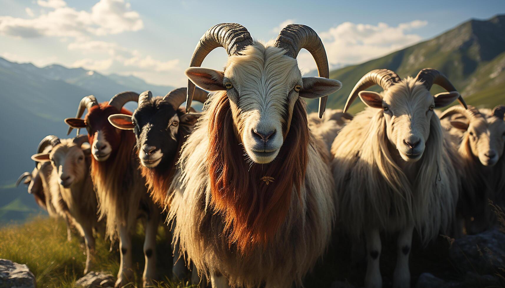 ai gerado fofa animais pastar em verde Prado debaixo a pôr do sol gerado de ai foto