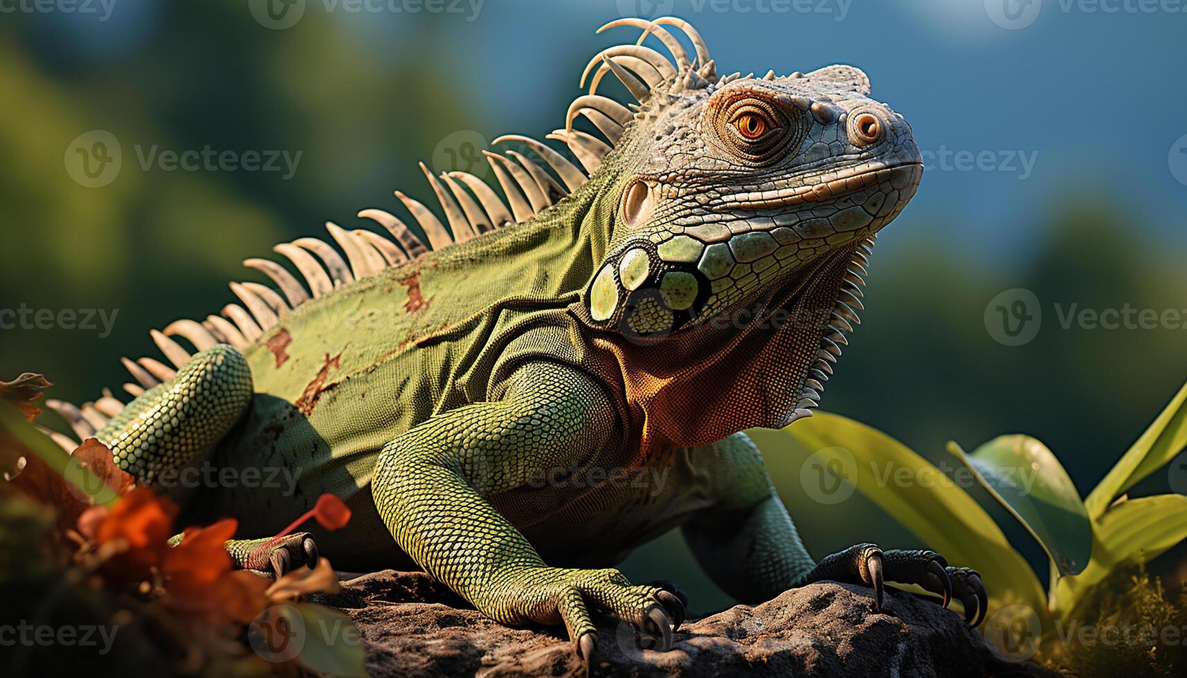 ai gerado uma bonitinho, pequeno lagarto rasteja em uma verde ramo gerado de ai foto