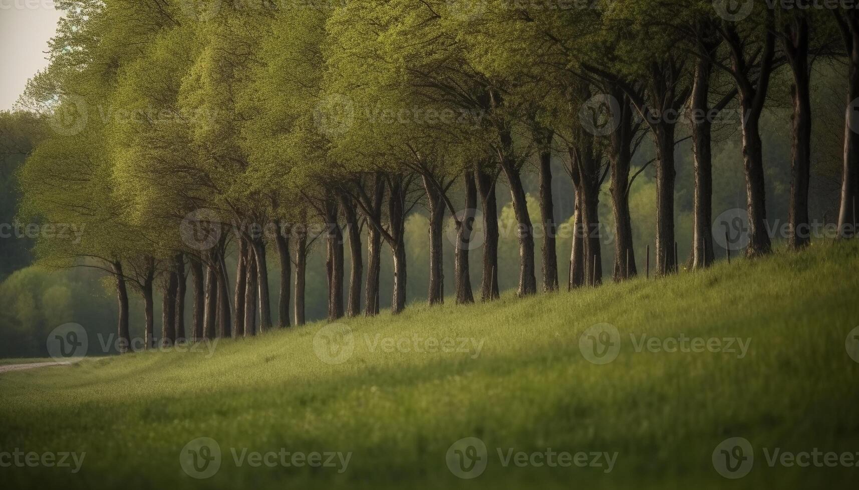 ai gerado tranquilo Prado, verde árvores, outono folhas, pôr do sol beleza dentro natureza gerado de ai foto