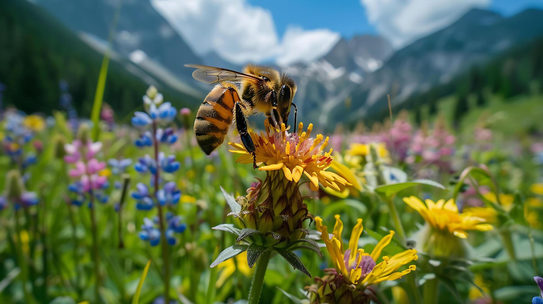 ai gerado colorida flores silvestres atrai abelha dentro verde Prado capturado com suave foco ângulo amplo lente foto