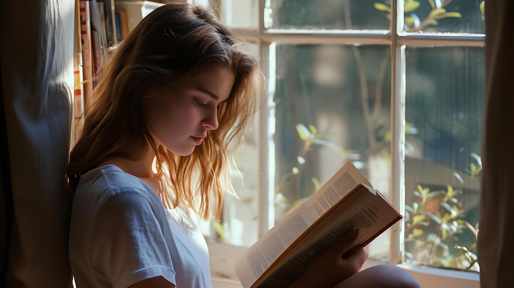 ai gerado jovem mulher lendo confortavelmente de janela assento dentro suave natural luz foto