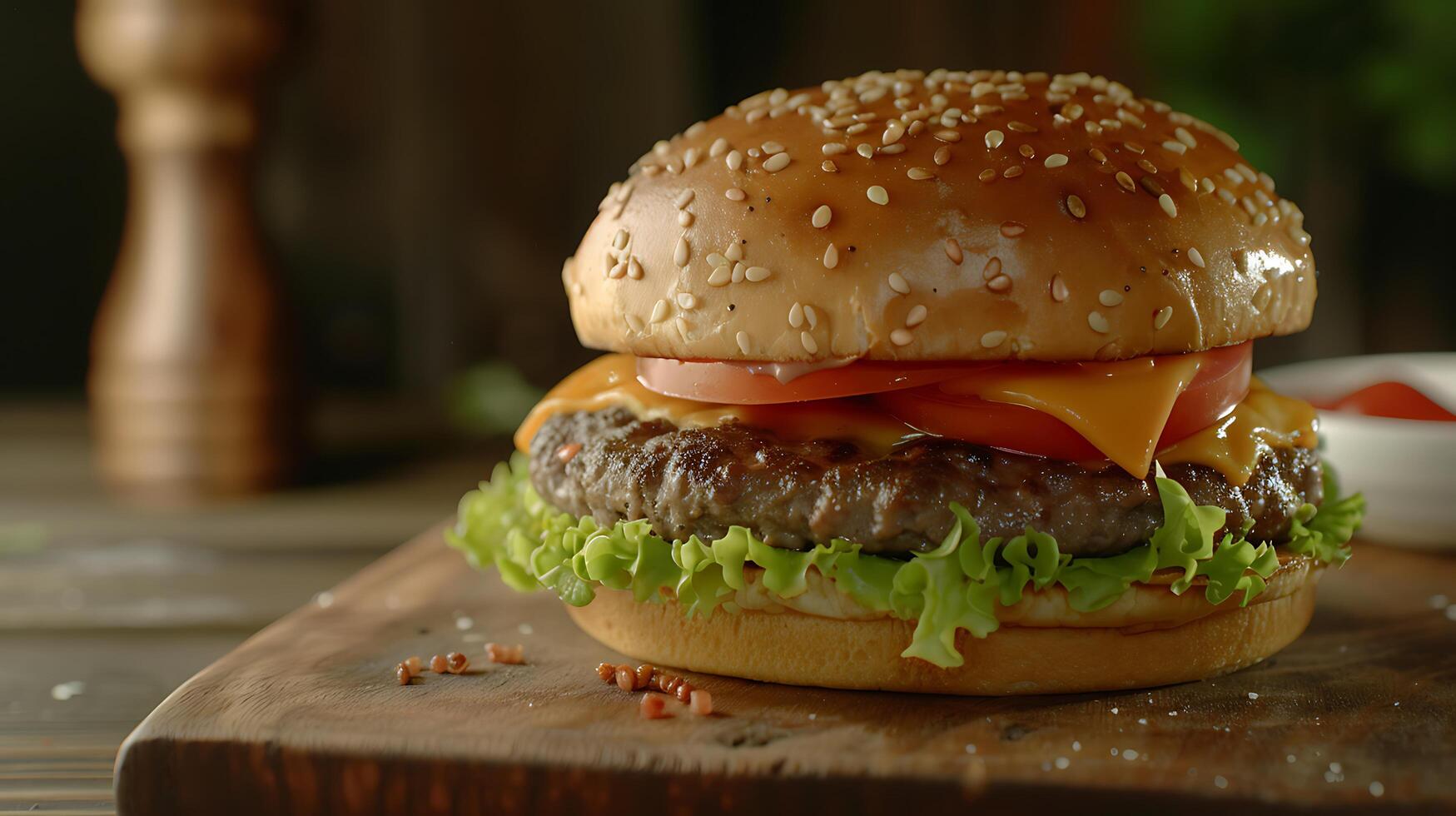 ai gerado de dar água na boca Hamburger suculento carne derretido queijo e fresco alface em de madeira corte borda dentro rústico cozinha foto