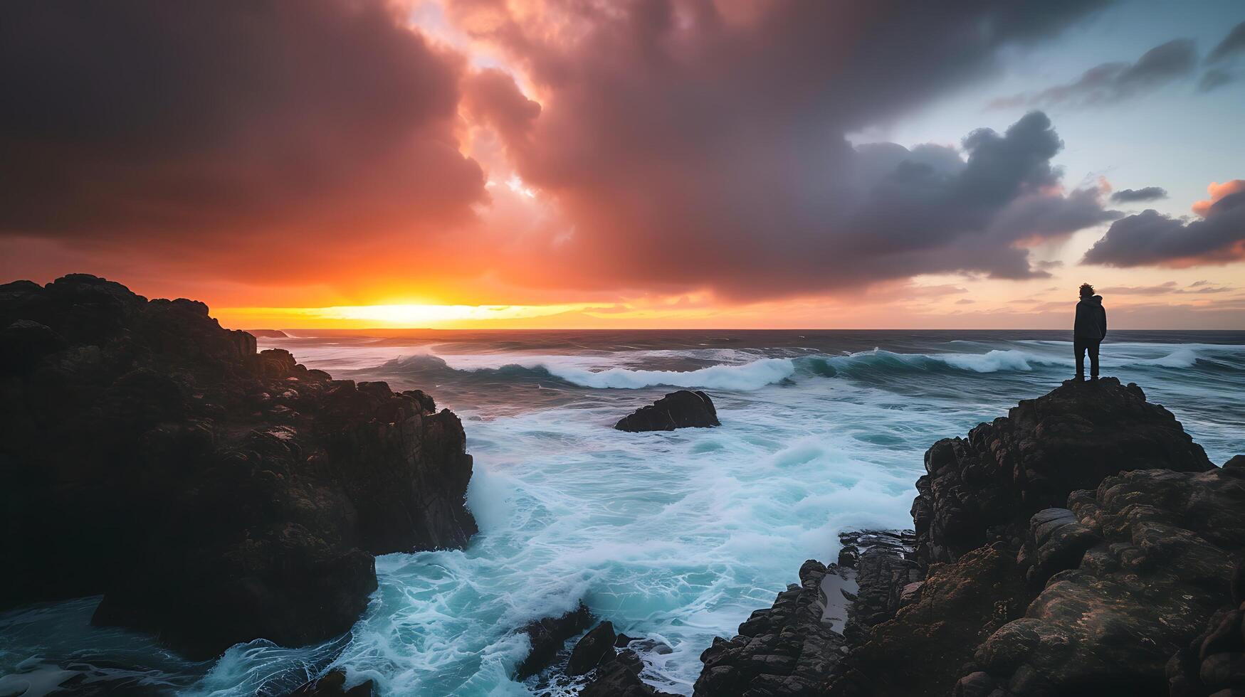 ai gerado resiliente figura abraçando a fogosa pôr do sol em rochoso penhasco confrontar desafios com determinação foto