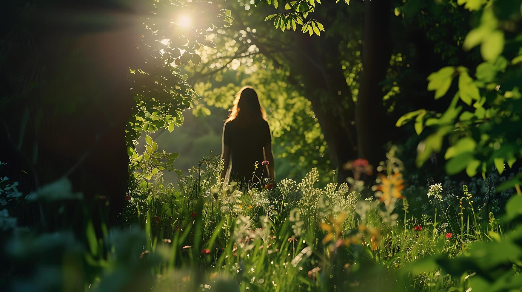 ai gerado jovem mulher abraços pacífico momento dentro exuberante campo banhado dentro suave natural luz foto