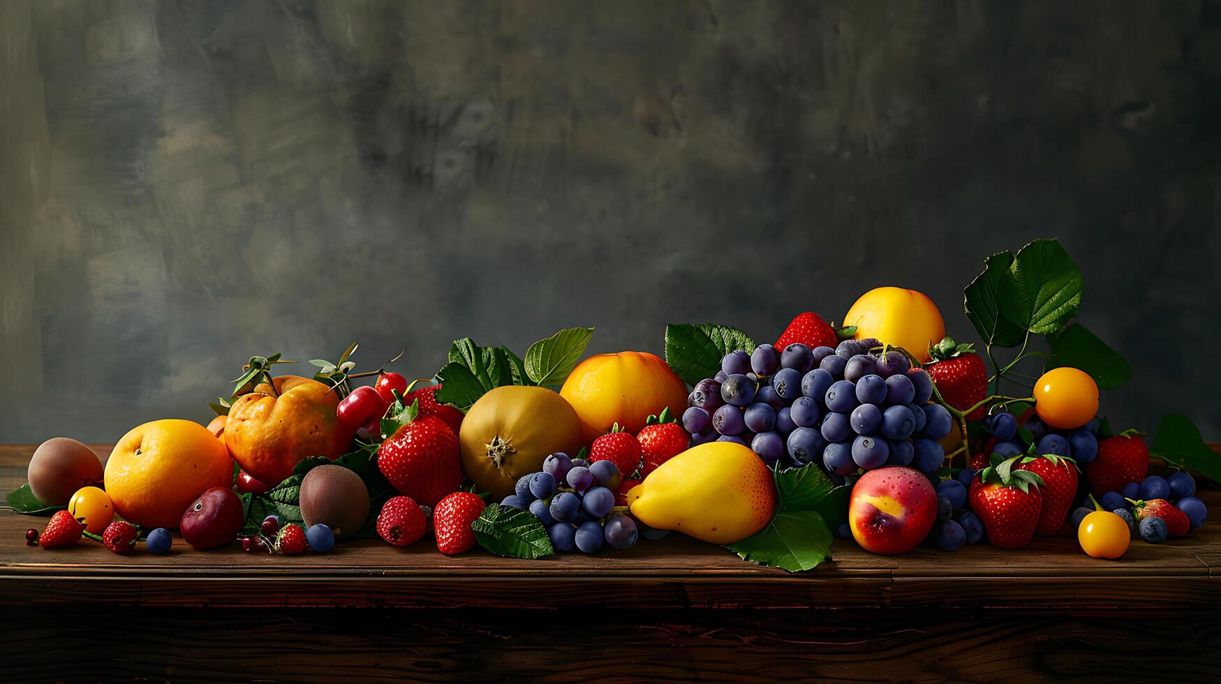 ai gerado gostoso fresco frutas e legumes arranjado em de madeira mesa banhado dentro suave natural luz foto