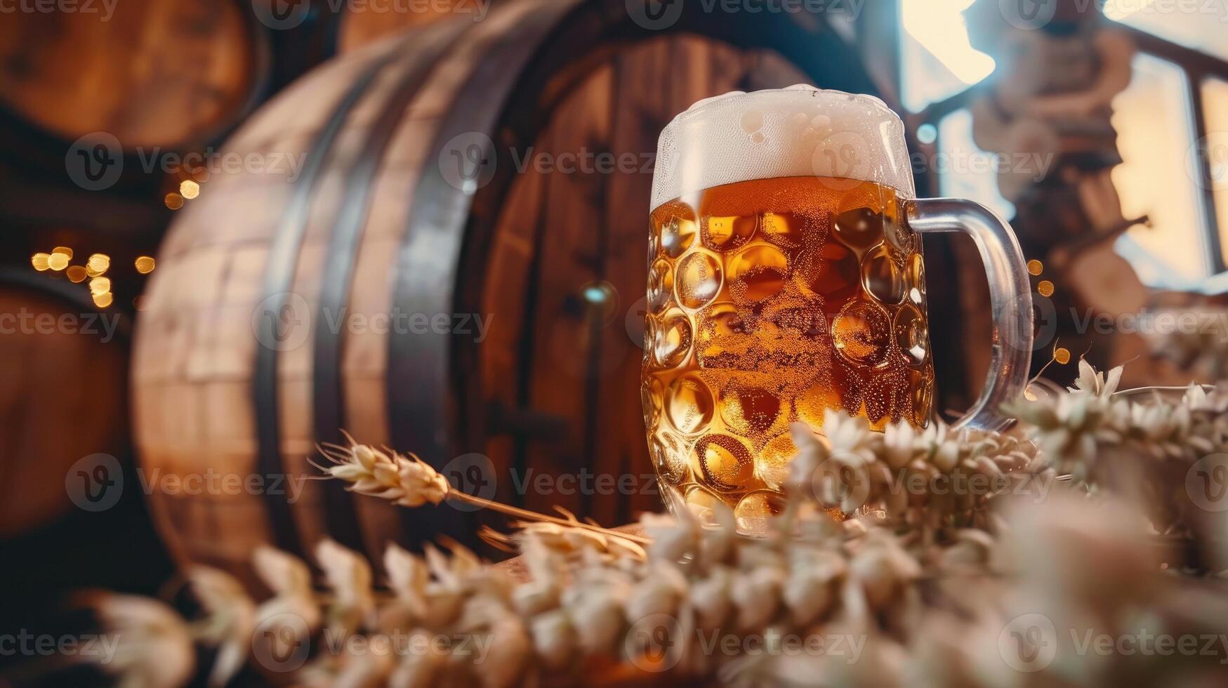 ai gerado Cerveja caneca com trigo e lúpulo dentro porão ambiente com barril. ai gerado. foto