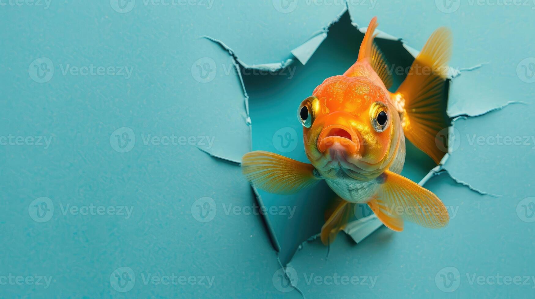 ai gerado uma humorístico peixinho pares através uma rasgado orifício dentro uma contraste pastel cor papel fundo, ai gerado foto