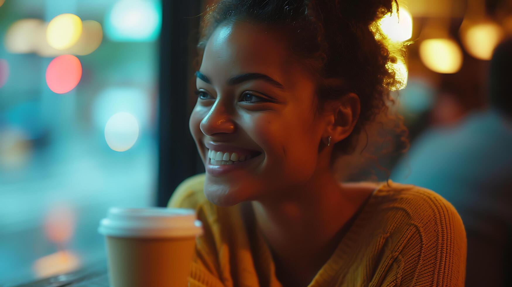 ai gerado jovem mulher contempla montanha vista dentro suave luz a partir de penhasco Beira foto