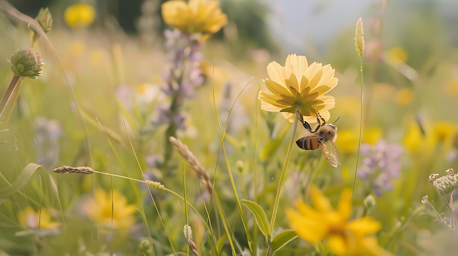 ai gerado abelha colecionar néctar a partir de colorida flores silvestres dentro exuberante Prado suave natural luz capturar foto