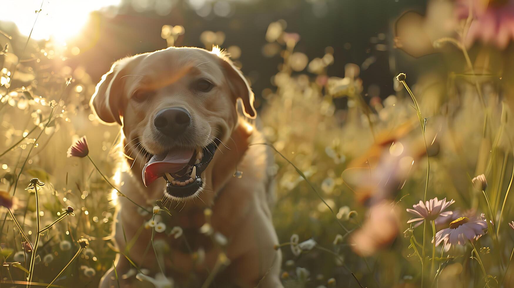 ai gerado brincalhão labrador limites através gramíneo campo Largo ângulo lente captura alegre canino aventura foto